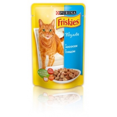 Friskies (Фріскіс) Консервований порційний повнораціонний корм для дорослих котів з лососем та тунцем. Шматочки у підливці 100 г